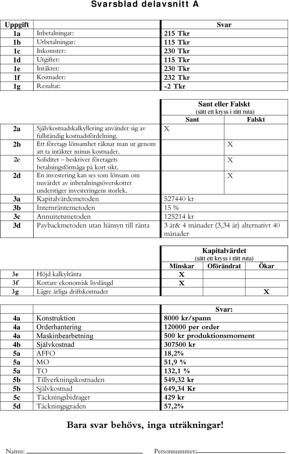 2b Ett företags lönsamhet räknar man ut genom X att ta intäkter minus kostnader. 2c Soliditet beskriver företagets betalningsförmåga på kort sikt.