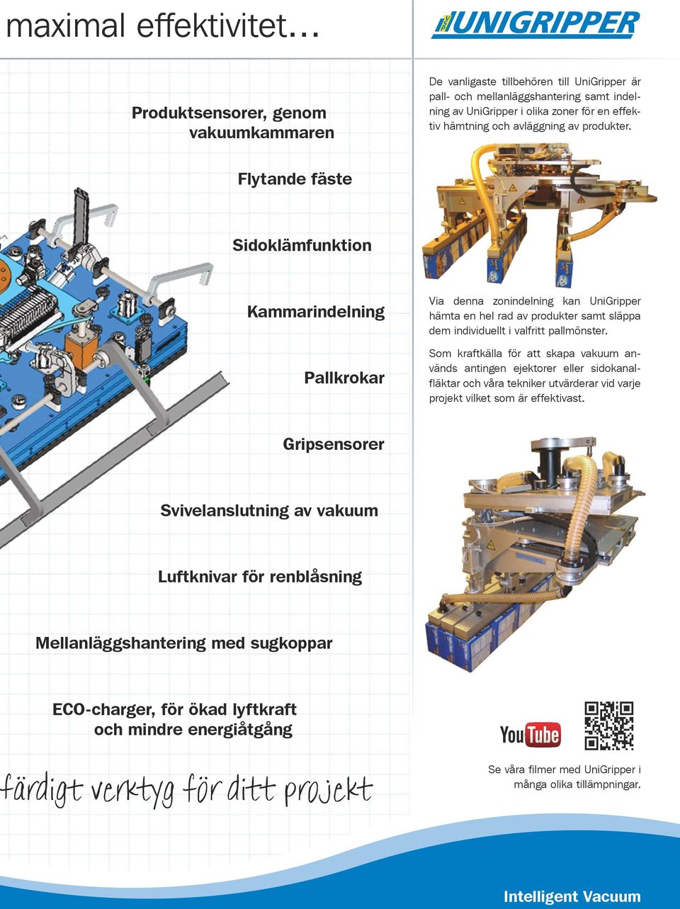 Flytande fäste Sidoklämfunktion Kammarindelning Pallkrokar Via denna zonindelning kan UniGripper hämta en hel rad av produkter samt släppa dem individuellt i valfritt pallmönster.