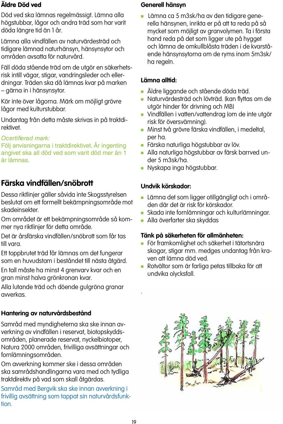 Fäll döda ståede träd om de utgör e säkerhetsrisk itill vägar, stigar, vadrigsleder och ellerdigar. Träde ska då lämas kvar på marke gära i i häsysytor. Kör ite över lågora.