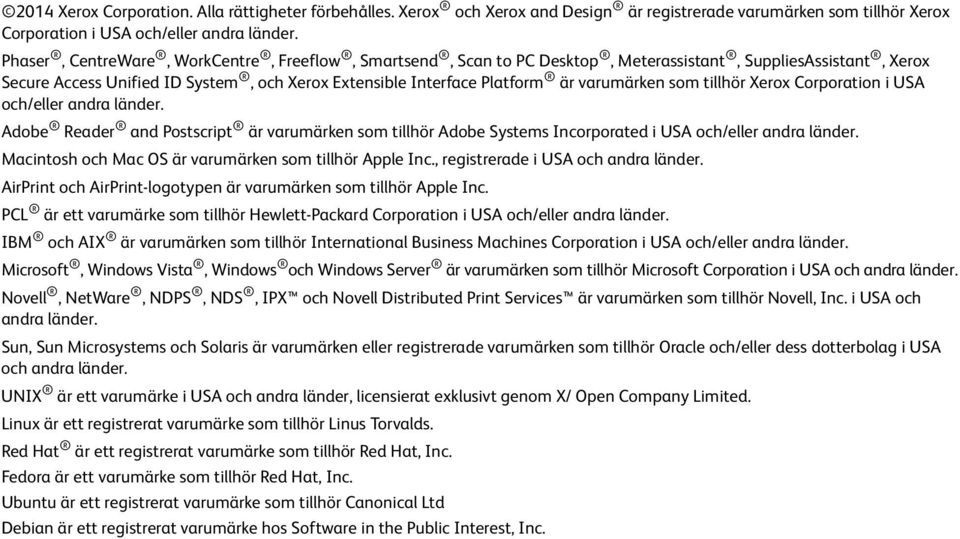 varumärken som tillhör Xerox Corporation i USA och/eller andra länder. Adobe Reader and Postscript är varumärken som tillhör Adobe Systems Incorporated i USA och/eller andra länder.