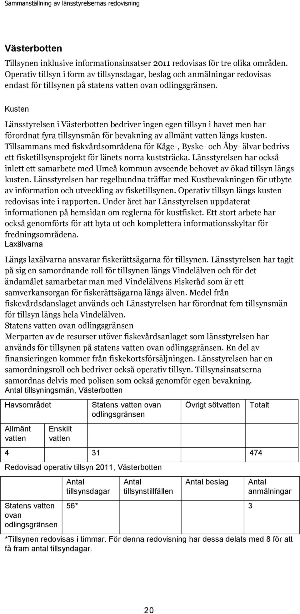 Kusten Länsstyrelsen i Västerbotten bedriver ingen egen tillsyn i havet men har förordnat fyra tillsynsmän för bevakning av allmänt vatten längs kusten.