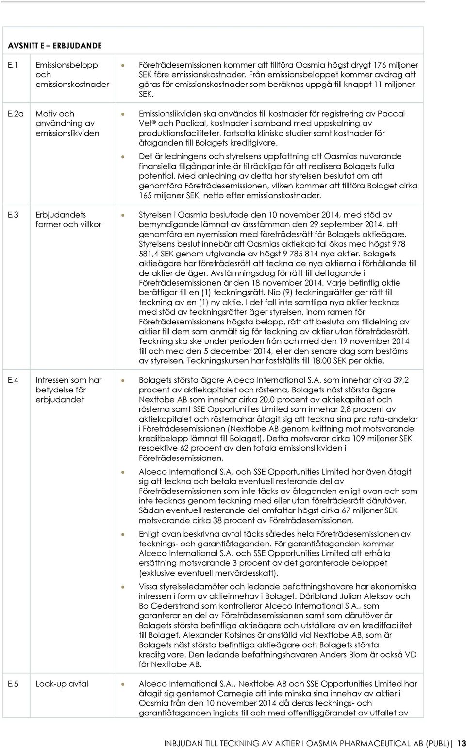 2a Motiv och användning av emissionslikviden Emissionslikviden ska användas till kostnader för registrering av Paccal Vet och Paclical, kostnader i samband med uppskalning av produktionsfaciliteter,