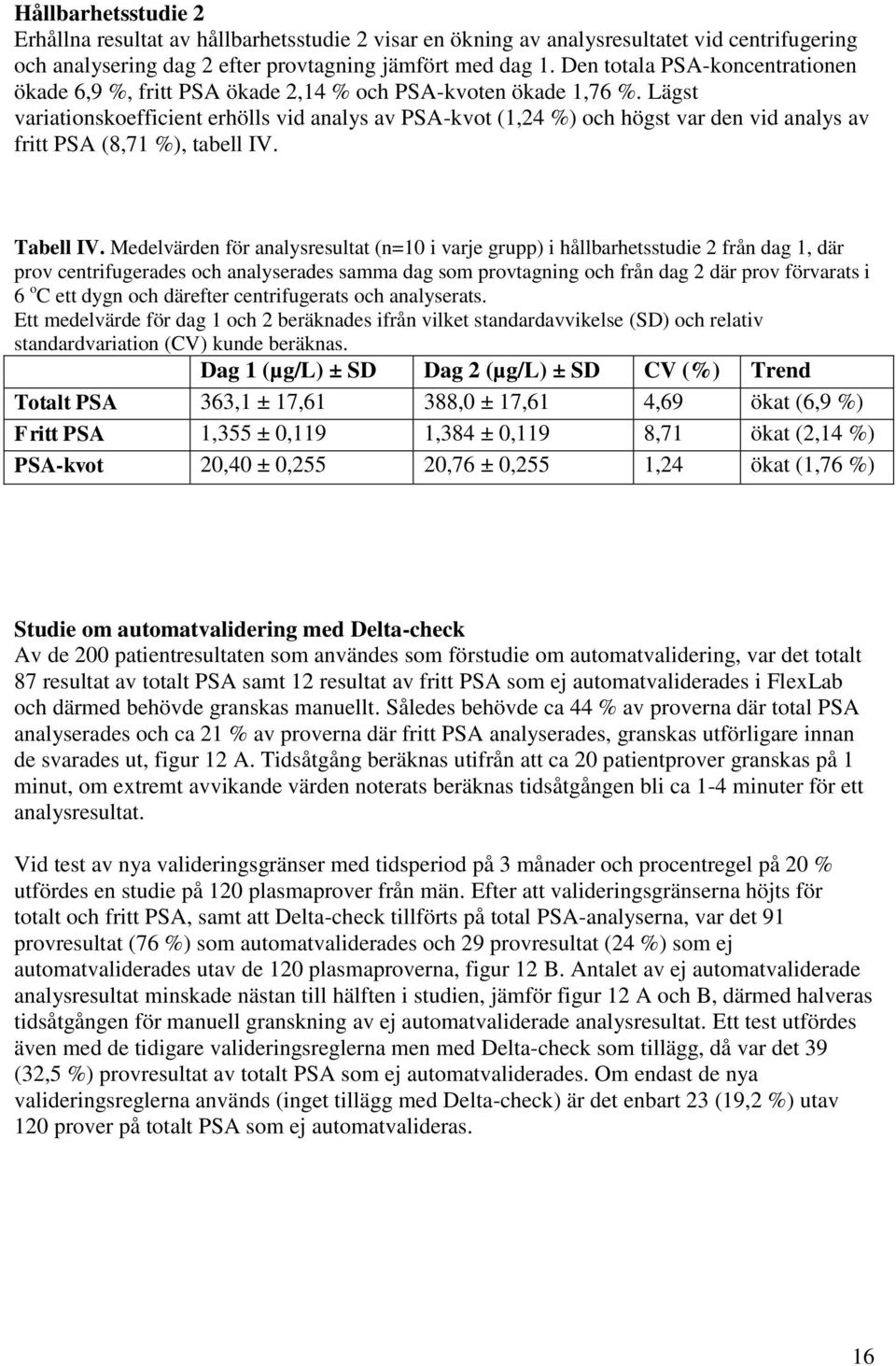 Lägst variationskoefficient erhölls vid analys av PSA-kvot (1,24 %) och högst var den vid analys av fritt PSA (8,71 %), tabell IV. Tabell IV.