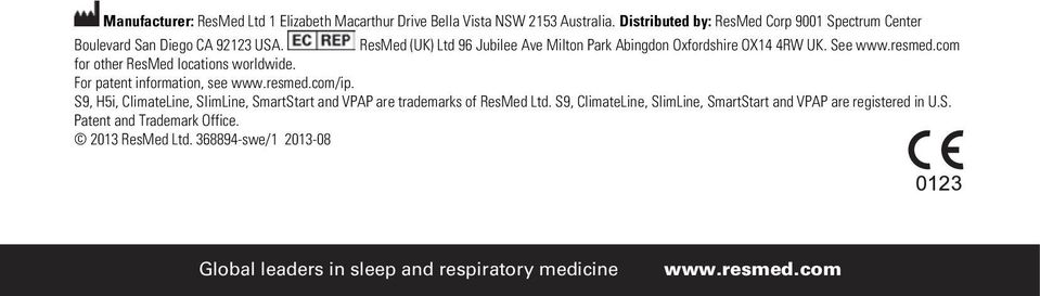ResMed (UK) Ltd 96 Jubilee Ave Milton Park Abingdon Oxfordshire OX14 4RW UK. See www.resmed.com for other ResMed locations worldwide.