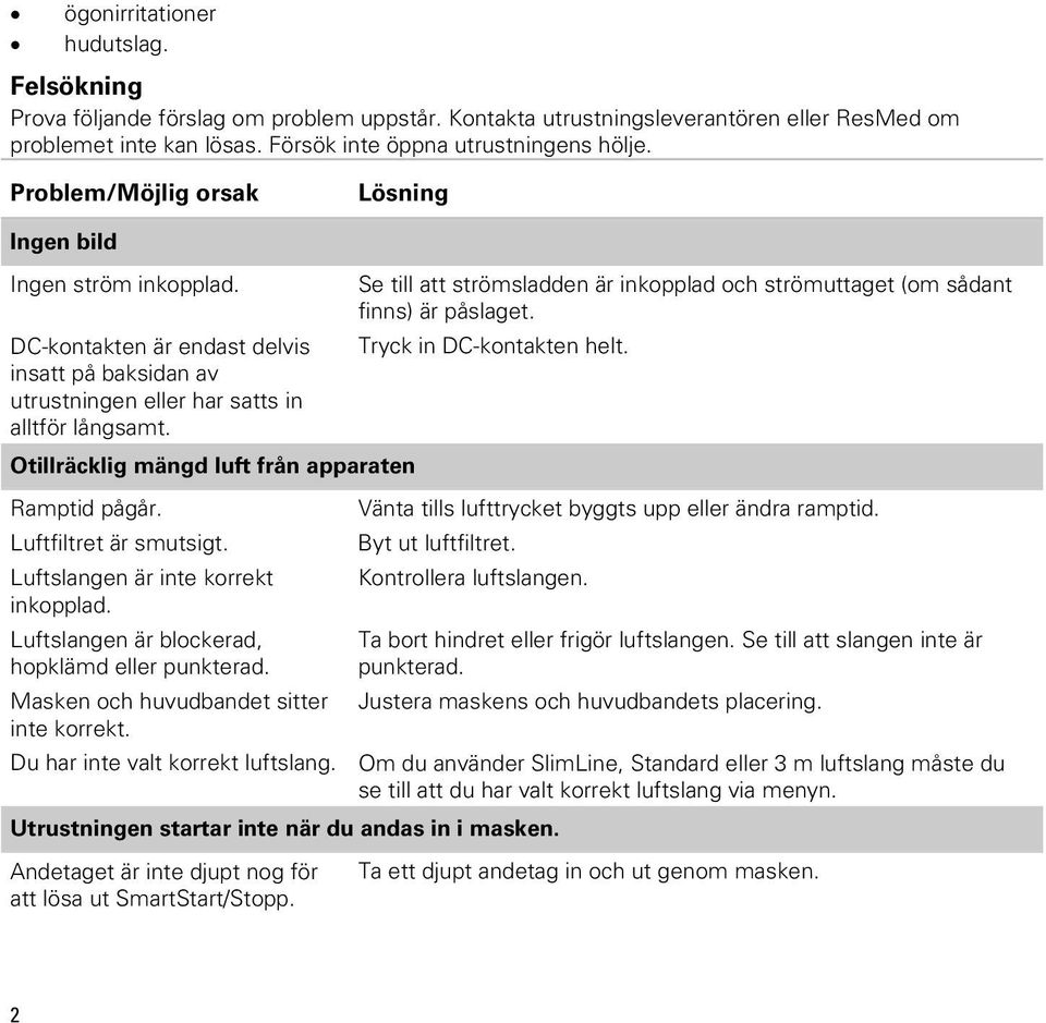 Otillräcklig mängd luft från apparaten Ramptid pågår. Luftfiltret är smutsigt. Luftslangen är inte korrekt inkopplad. Luftslangen är blockerad, hopklämd eller punkterad.