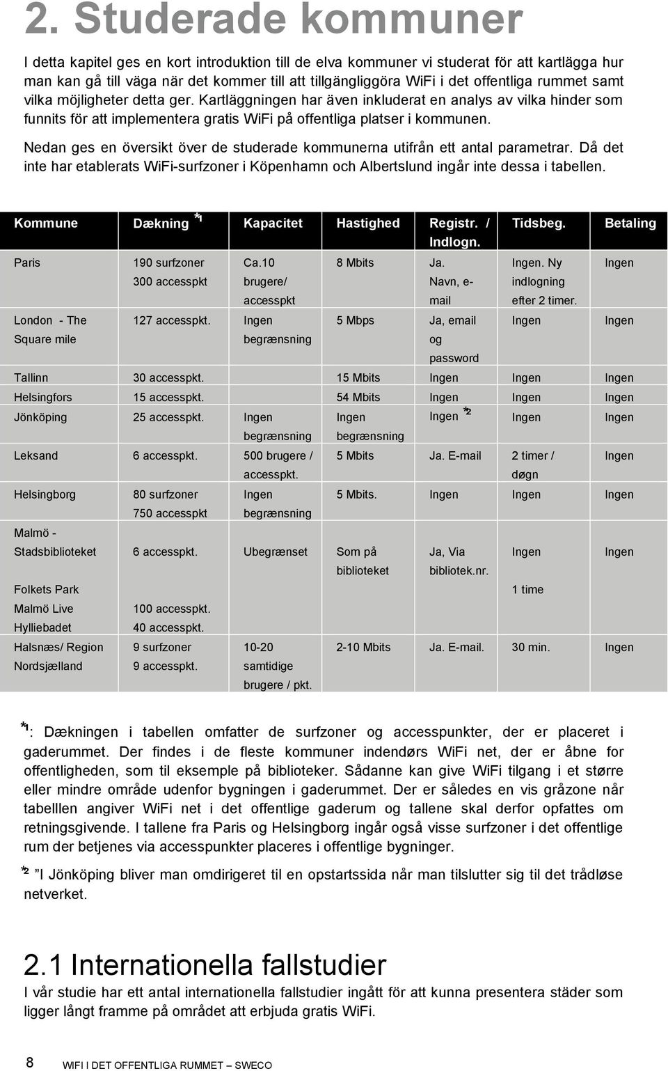 Nedan ges en översikt över de studerade kommunerna utifrån ett antal parametrar. Då det inte har etablerats WiFi-surfzoner i Köpenhamn och Albertslund ingår inte dessa i tabellen.