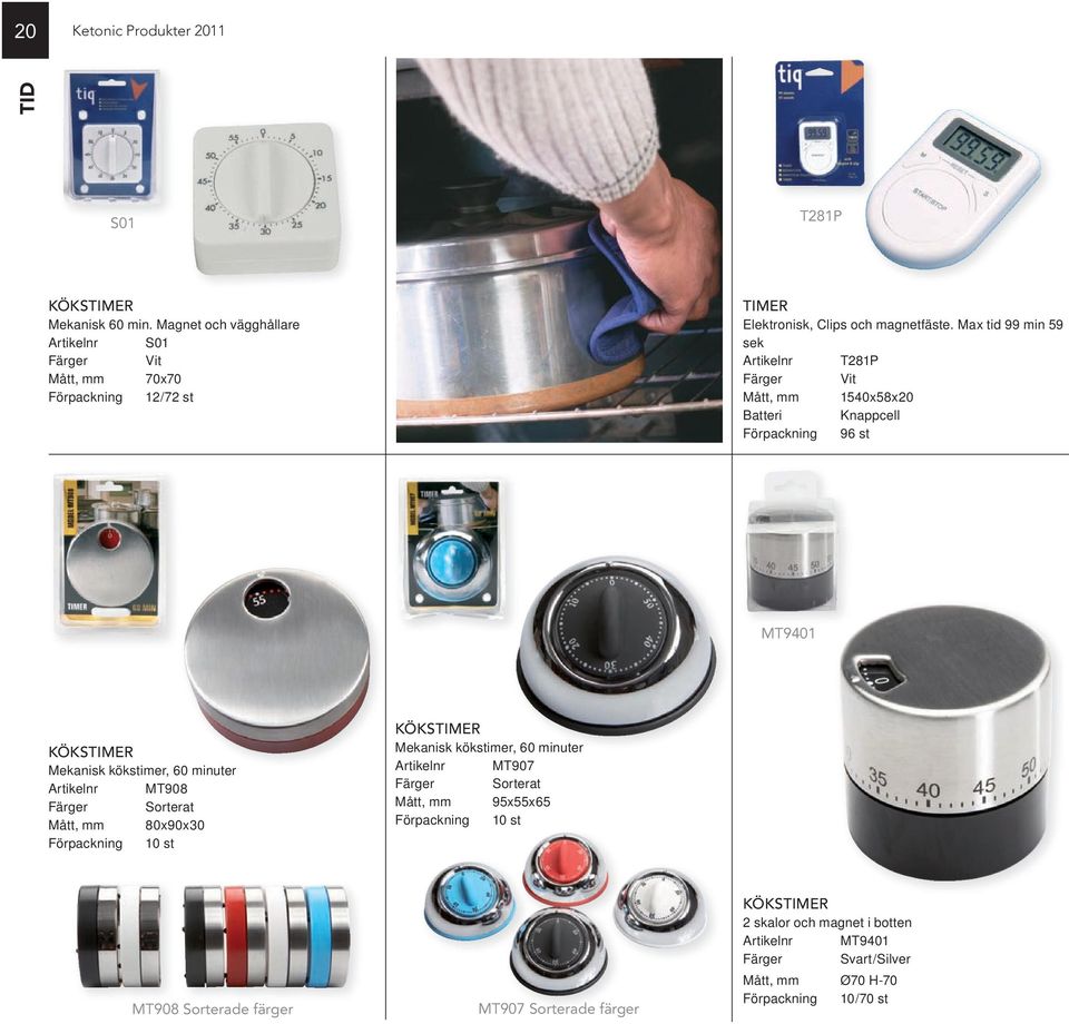 Max tid 99 min 59 sek Artikelnr T281P Färger Vit Mått, mm 1540x58x20 Batteri Knappcell Förpackning 96 st MT9401 KÖKSTIMER Mekanisk kökstimer, 60 minuter Artikelnr MT908