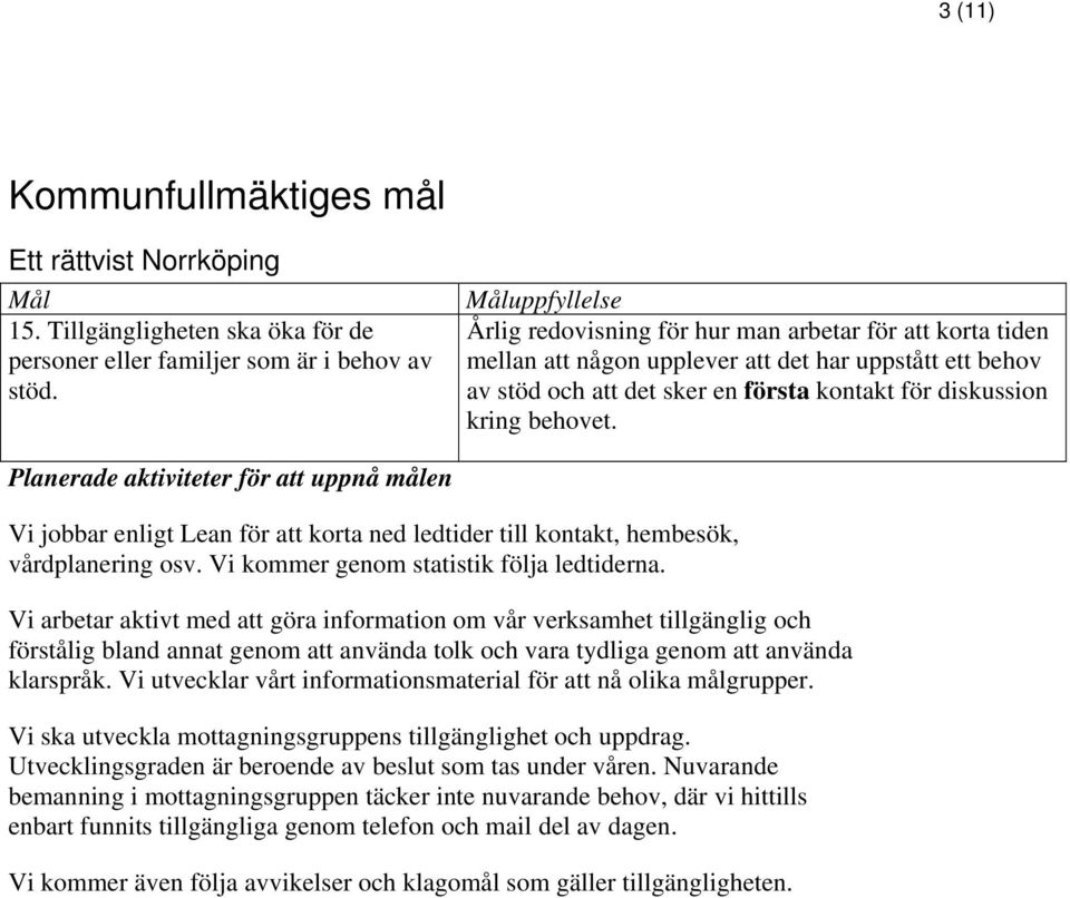 Vi jobbar enligt Lean för att korta ned ledtider till kontakt, hembesök, vårdplanering osv. Vi kommer genom statistik följa ledtiderna.