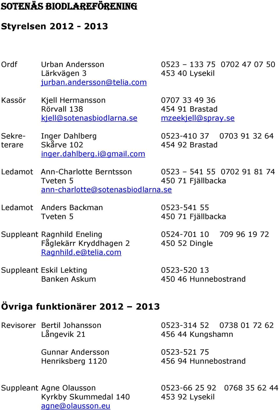 se Sekre- Inger Dahlberg 0523-410 37 0703 91 32 64 terare Skårve 102 454 92 Brastad inger.dahlberg.i@gmail.