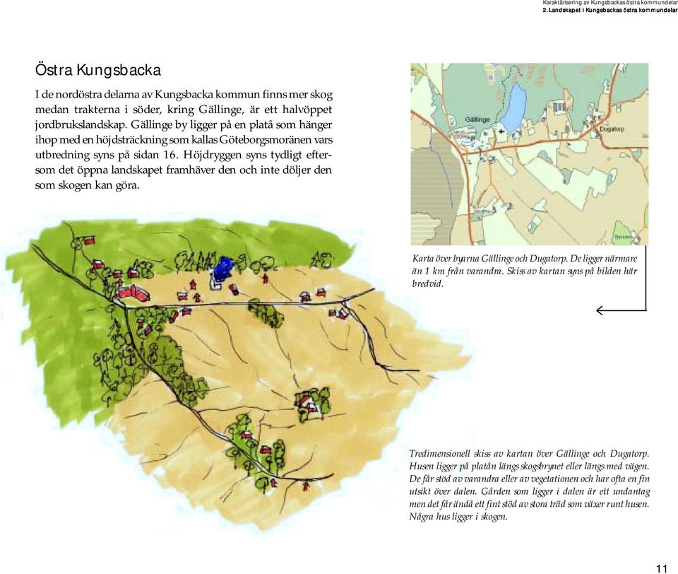 Höjdryggen syns tydligt eftersom det öppna landskapet framhäver den och inte döljer den som skogen kan göra. Karta över byarna Gällinge och Dugatorp. De ligger närmare än 1 km från varandra.