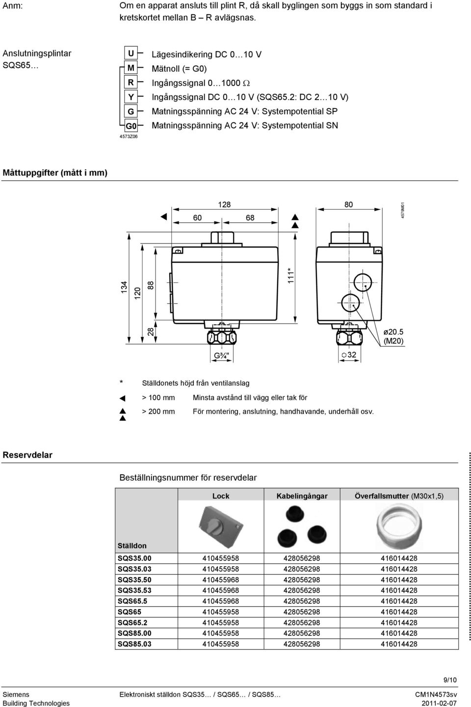 2: DC 2 10 V) Matningsspänning AC 24 V: Systempotential SP Matningsspänning AC 24 V: Systempotential SN Måttuppgifter (mått i mm) 128 60 68 80 4579M01 134 120 28 88 G¾" 111* 32 ø20.