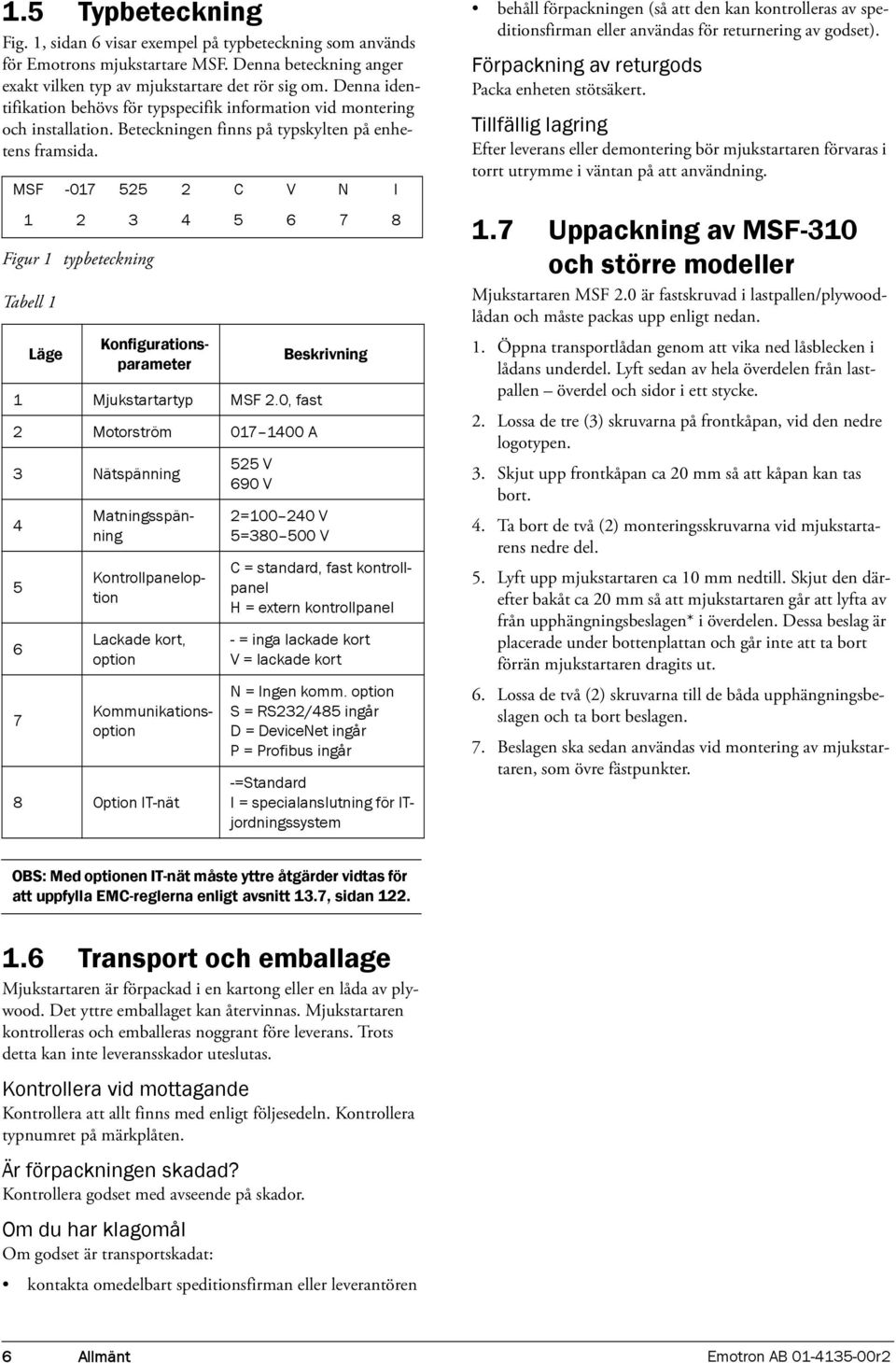 MSF -017 525 2 C V N I 1 2 3 4 5 6 7 8 Figur 1 typbeteckning Tabell 1 Läge 1 Mjukstartartyp MSF 2.