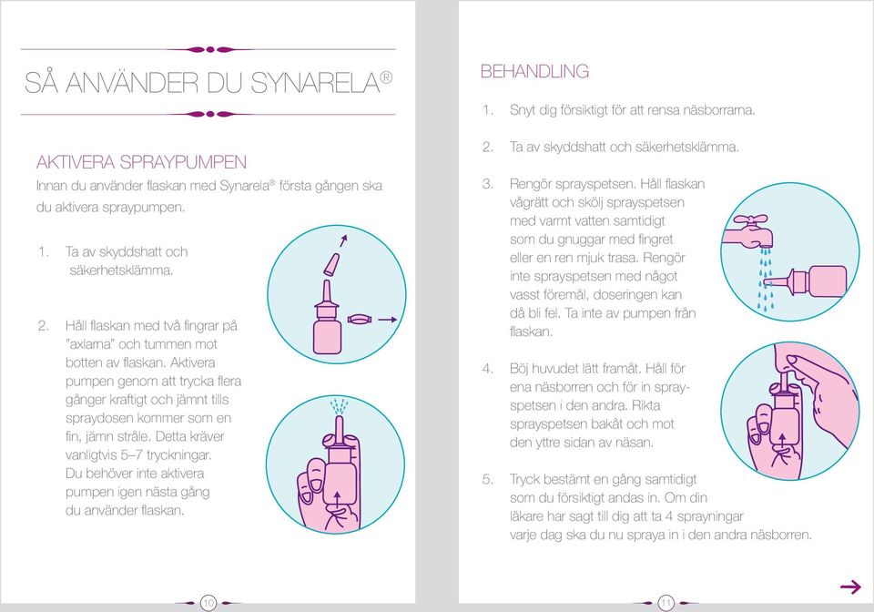 Detta kräver vanligtvis 5 7 tryckningar. Du behöver inte aktivera pumpen igen nästa gång du använder flaskan. BEHANDLING 1. Snyt dig försiktigt för att rensa näsborrarna. 2.