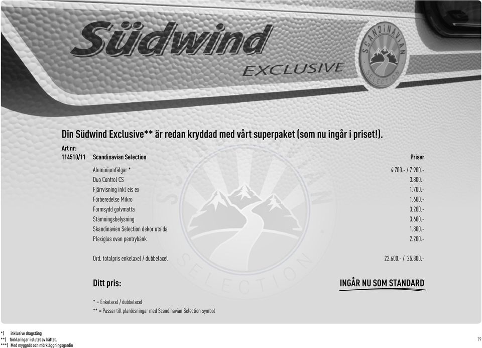 800.- Plexiglas ovan pentrybänk 2.200.- Ord. totalpris enkelaxel / dubbelaxel 22.600.- / 25.800.- Ditt pris: INGÅR NU SOM STANDARD * = Enkelaxel / dubbelaxel ** =