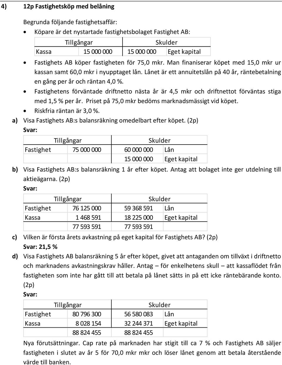 Fastighetens förväntade driftnetto nästa år är 4,5 mkr och driftnettot förväntas stiga med 1,5 % per år. Priset på 75,0 mkr bedöms marknadsmässigt vid köpet. Riskfria räntan är 3,0 %.