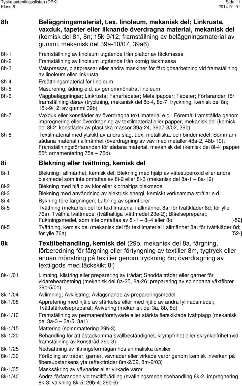 39a-10/07, 39a6) 8h-1 Framställning av linoleum utgående från plattor av täckmassa 8h-2 Framställning av linoleum utgående från kornig täckmassa 8h-3 Valspressar, plattpressar eller andra maskiner