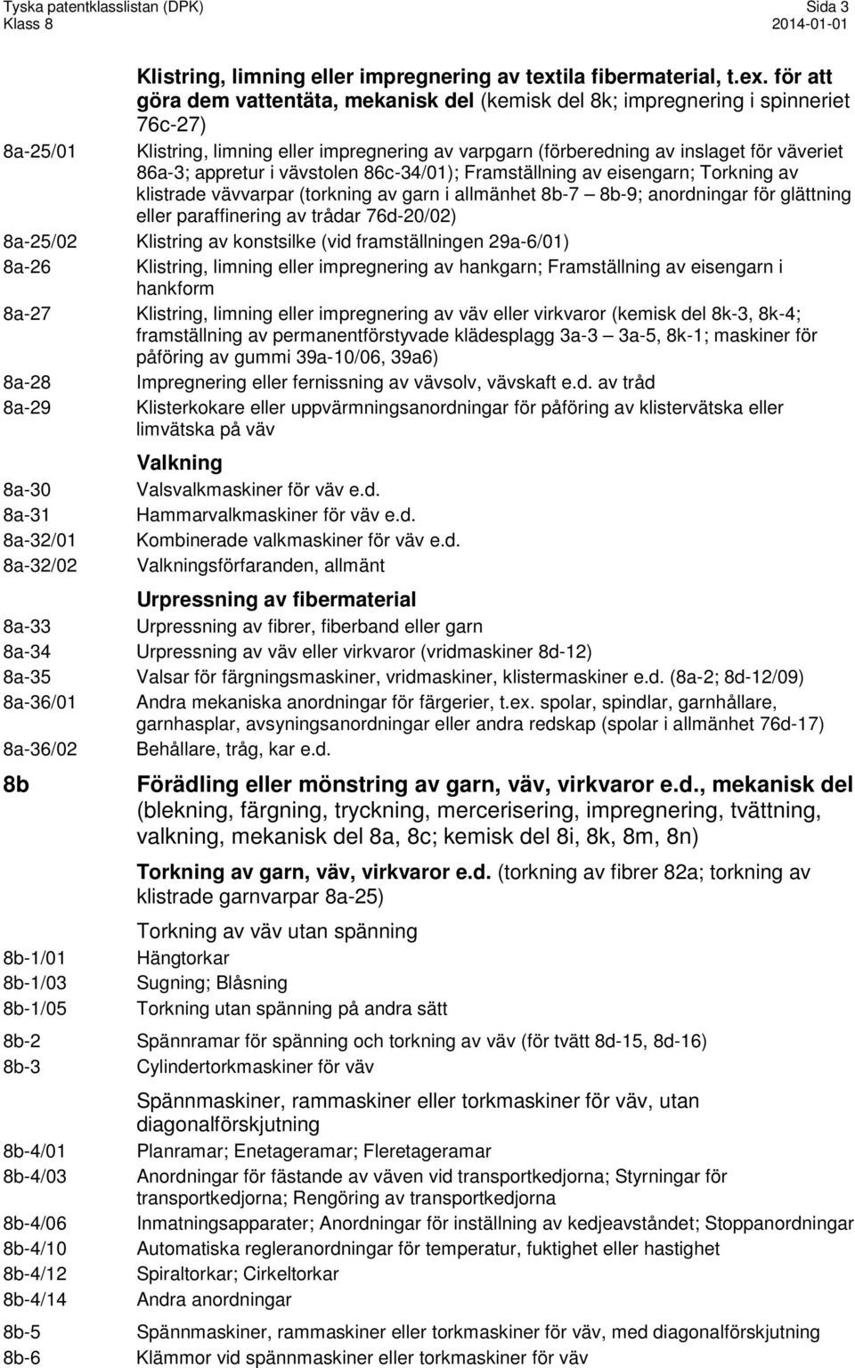 för att göra dem vattentäta, mekanisk del (kemisk del 8k; impregnering i spinneriet 76c-27) 8a-25/01 Klistring, limning eller impregnering av varpgarn (förberedning av inslaget för väveriet 86a-3;