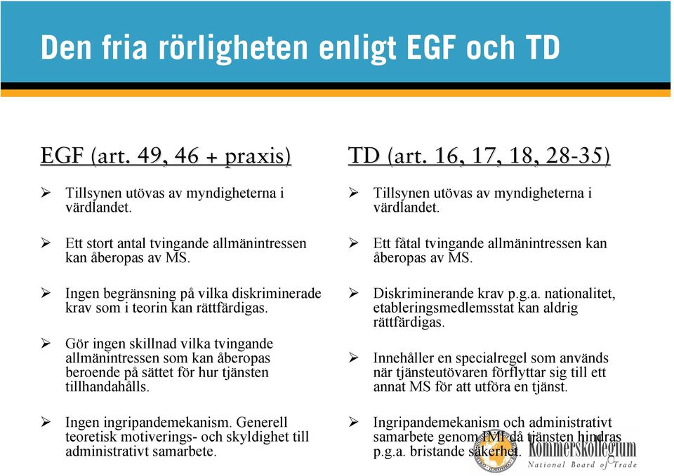 Ingen ingripandemekanism. Generell teoretisk motiverings- och skyldighet till administrativt samarbete. TD (art. 16, 17, 18, 28-35) Tillsynen utövas av myndigheterna i värdlandet.