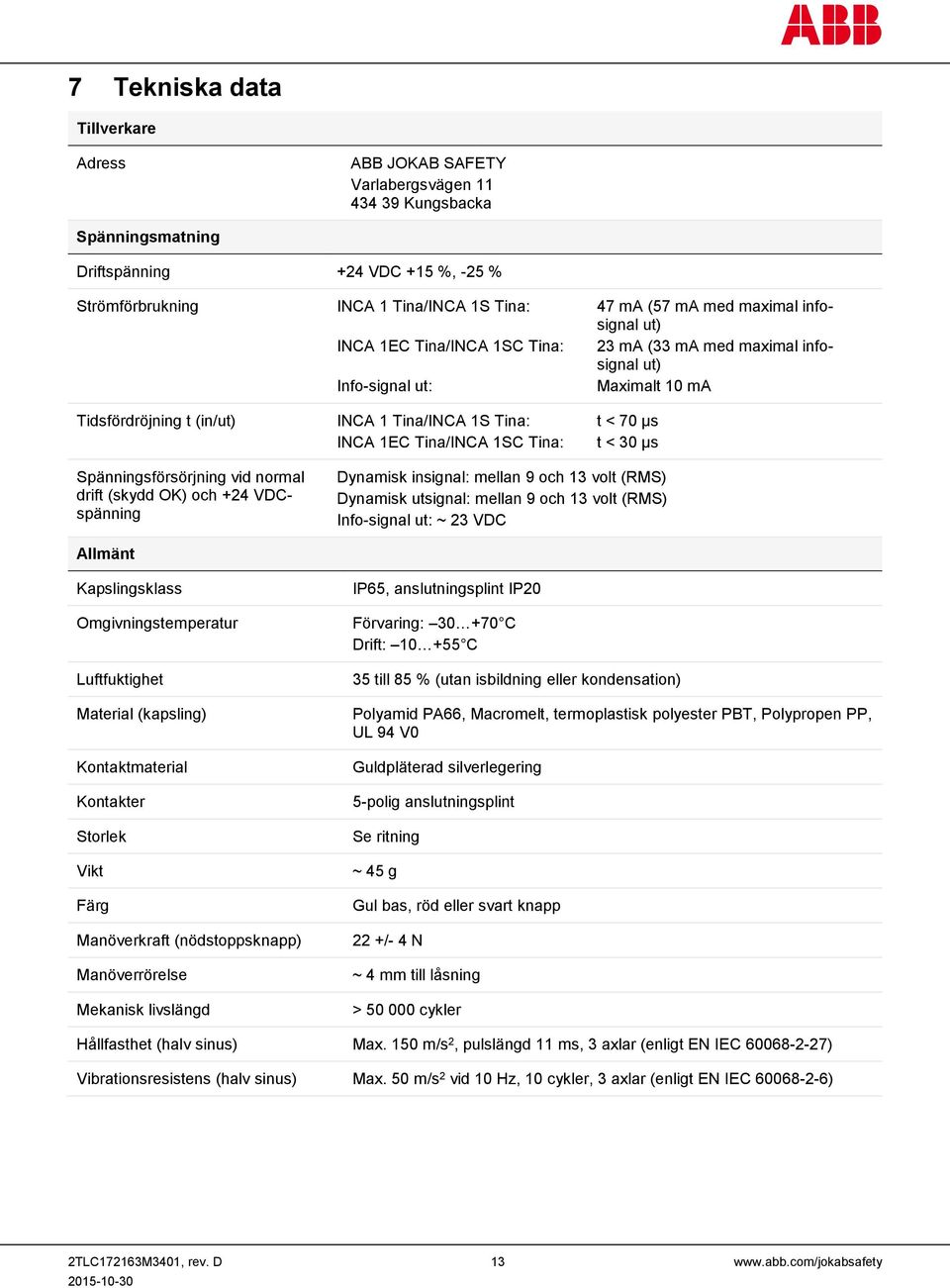 Maximalt 10 ma t < 70 µs t < 30 µs Spänningsförsörjning vid normal drift (skydd OK) och +24 VDCspänning Dynamisk insignal: mellan 9 och 13 volt (RMS) Dynamisk utsignal: mellan 9 och 13 volt (RMS)