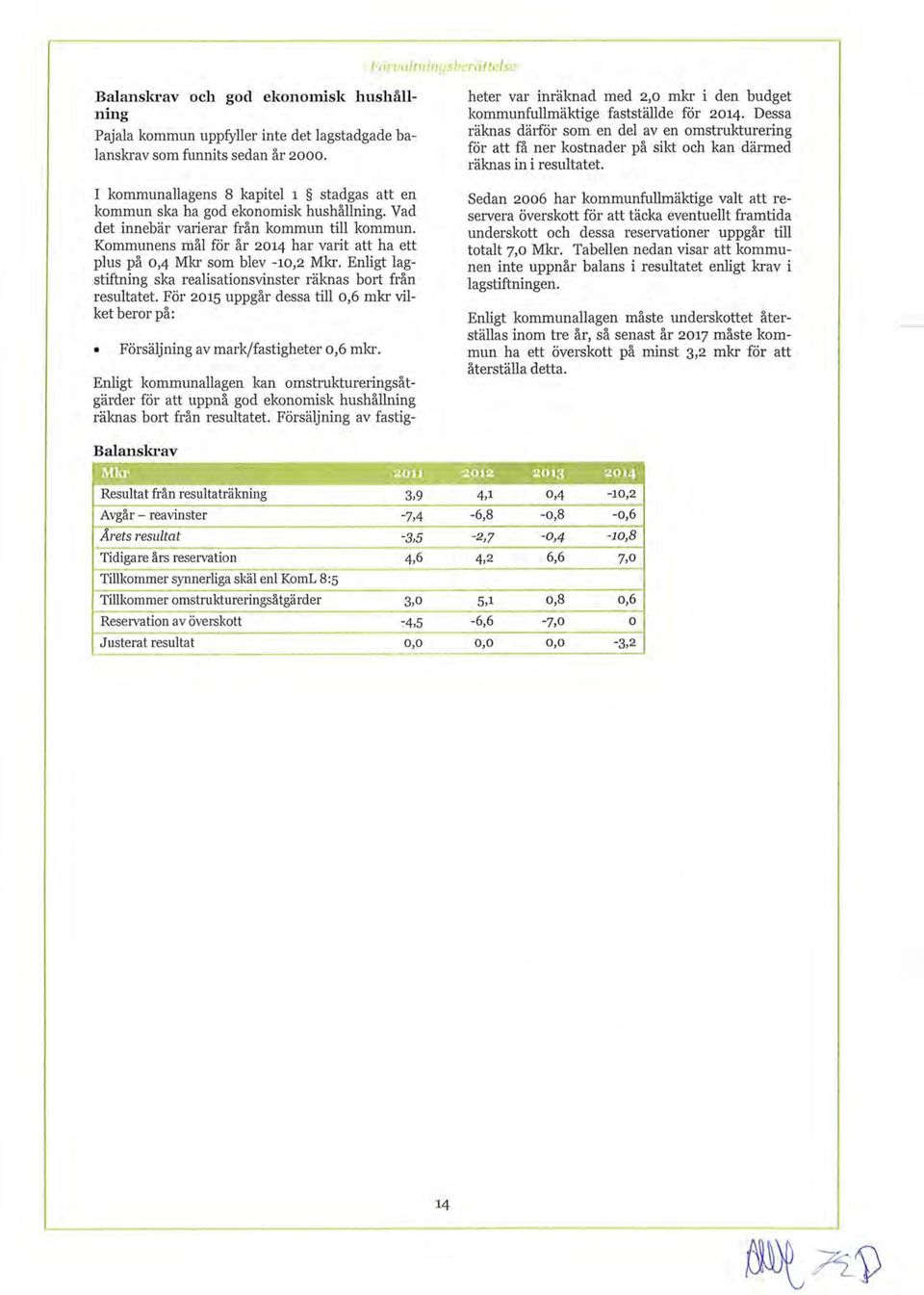 Kommunens mål för år 2014 har varit att ha ett plus på 0,4 Mkr som blev -10,2 Mkr. Enligt lagstiftning ska realisationsvinster räknas bort från resultatet.