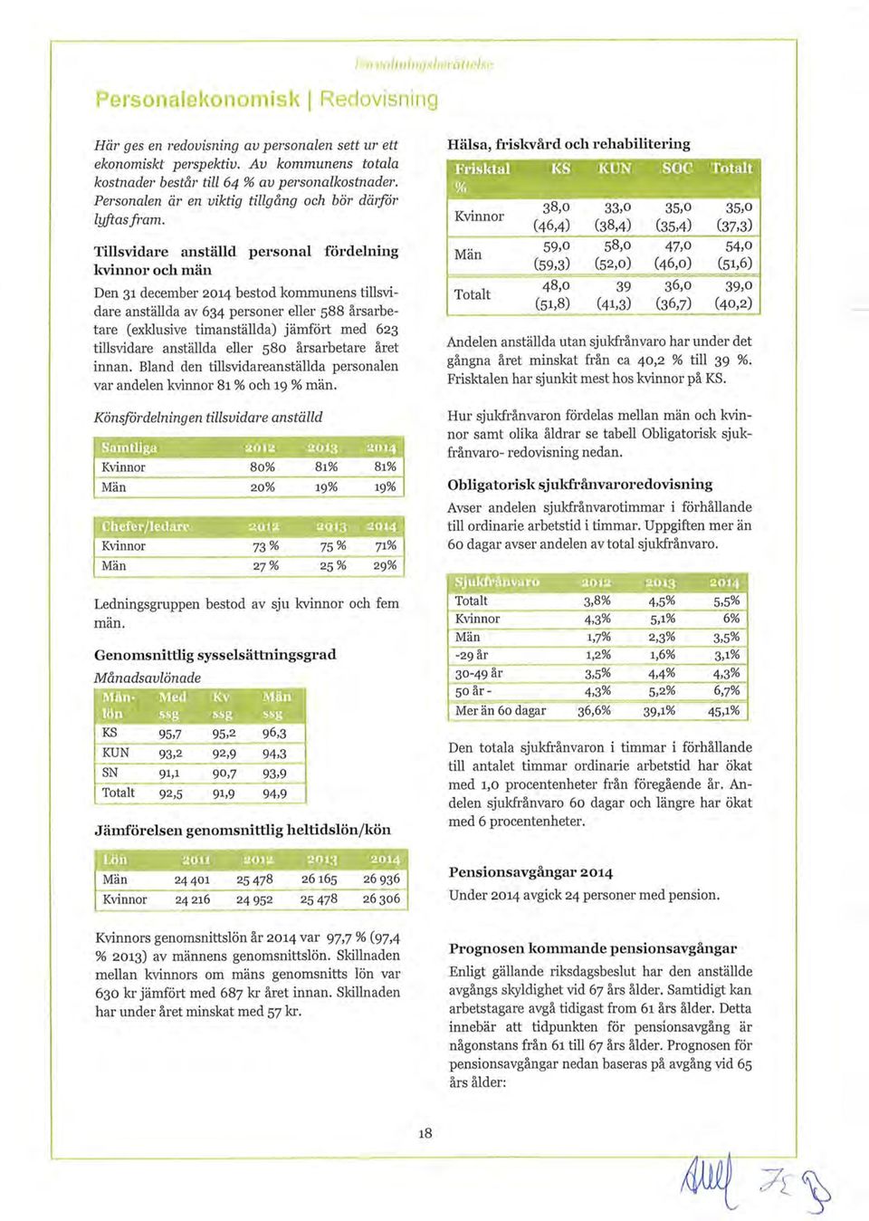 Tillsvidare anställd personal fördelning kvinnor och män Den 31 december 2014 bestod kommunens tillsvidare anställda av 634 personer eller 588 årsarbetare (exklusive timanställda) jämfört med 623