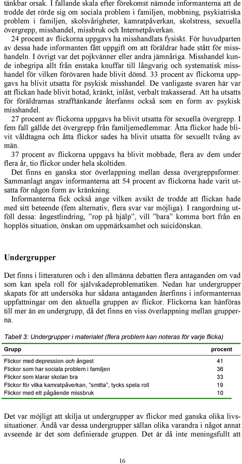 skolstress, sexuella övergrepp, misshandel, missbruk och Internetpåverkan. 24 procent av flickorna uppgavs ha misshandlats fysiskt.