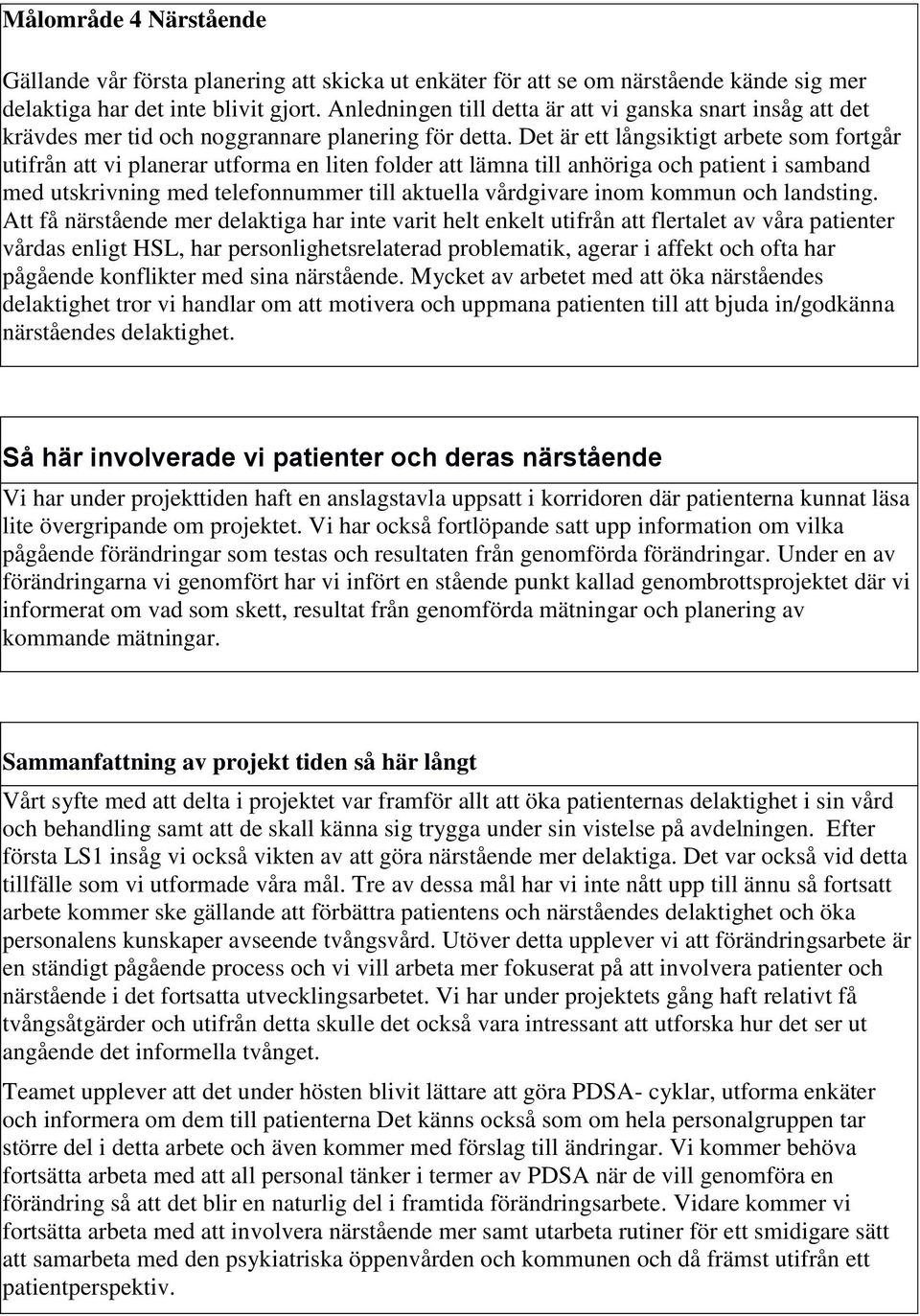 Det är ett långsiktigt arbete som fortgår utifrån att vi planerar utforma en liten folder att lämna till anhöriga och patient i samband med utskrivning med telefonnummer till aktuella vårdgivare inom