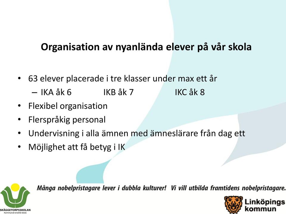 åk 8 Flexibel organisation Flerspråkig personal Undervisning i