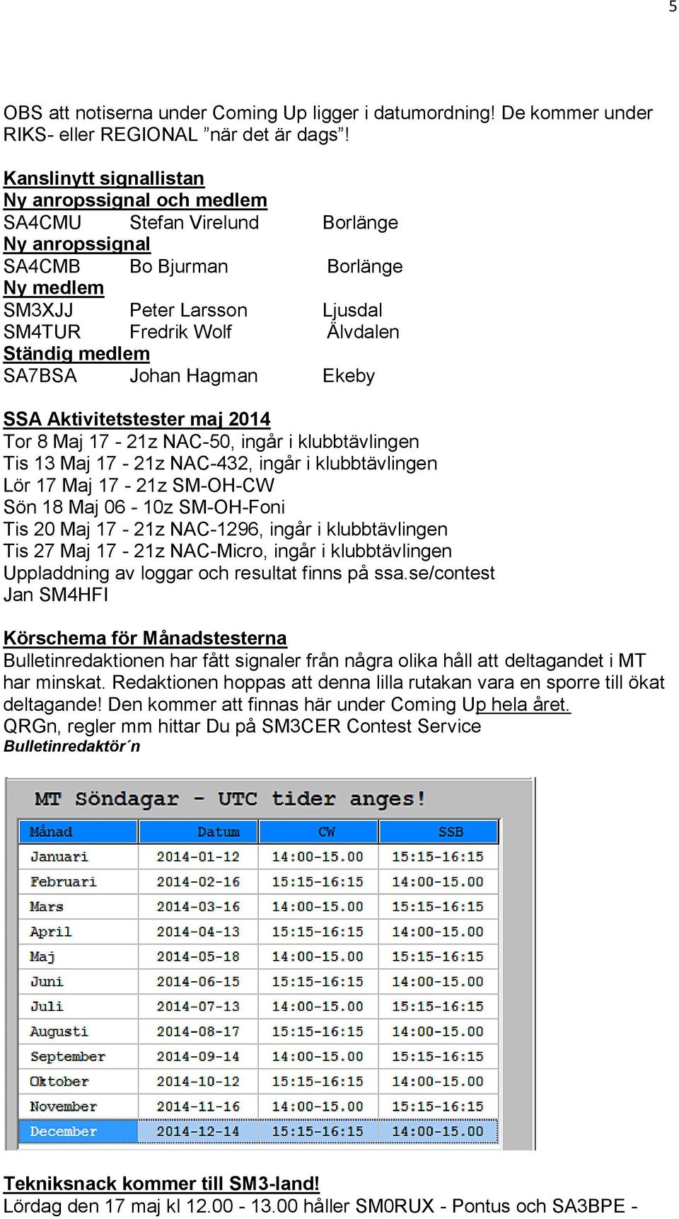 Ständig medlem SA7BSA Johan Hagman Ekeby SSA Aktivitetstester maj 2014 Tor 8 Maj 17-21z NAC-50, ingår i klubbtävlingen Tis 13 Maj 17-21z NAC-432, ingår i klubbtävlingen Lör 17 Maj 17-21z SM-OH-CW Sön