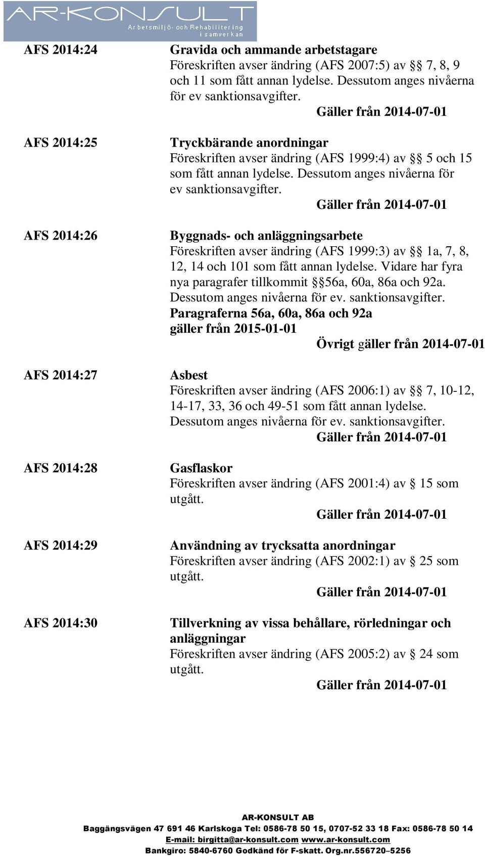 101 som fått annan lydelse. Vidare har fyra nya paragrafer tillkommit 56a, 60a, 86a och 92a. Dessutom anges nivåerna för ev. sanktionsavgifter.