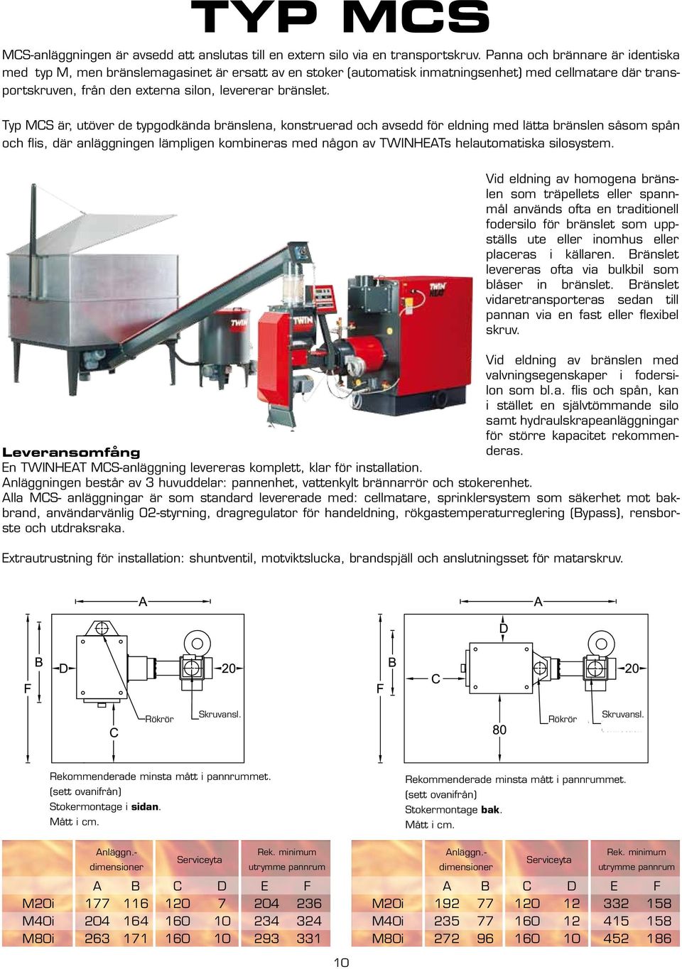 Typ MCS är, utöver de typgodkända bränslena, konstruerad och avsedd för eldning med lätta bränslen såsom spån och flis, där anläggningen lämpligen kombineras med någon av TWINHEATs helautomatiska