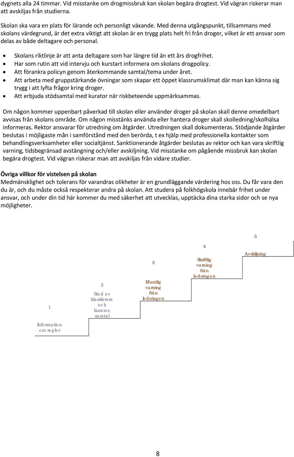 Skolans riktlinje är att anta deltagare som har längre tid än ett års drogfrihet. Har som rutin att vid intervju och kurstart informera om skolans drogpolicy.