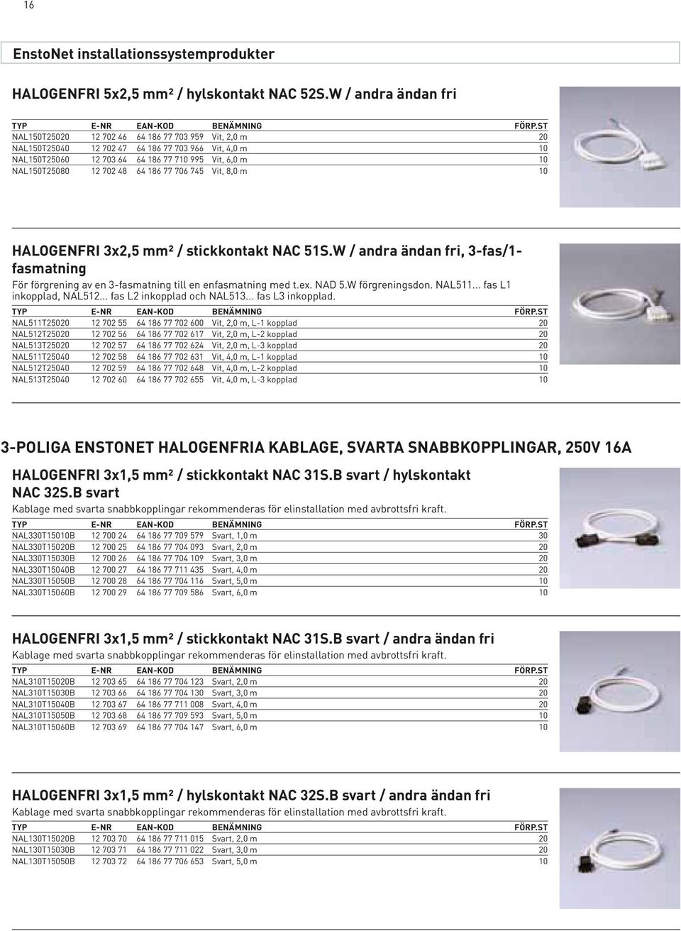 12 702 48 64 186 77 706 745 Vit, 8,0 m 10 HALOGENFRI 3x2,5 mm² / stickkontakt NAC 51S.W / andra ändan fri, 3-fas/1- fasmatning För förgrening av en 3-fasmatning till en enfasmatning med t.ex. NAD 5.