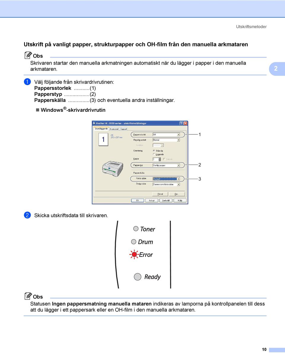 ..(2) Papperskälla...(3) och eventuella andra inställningar. Windows -skrivardrivrutin 1 2 3 b Skicka utskriftsdata till skrivaren.