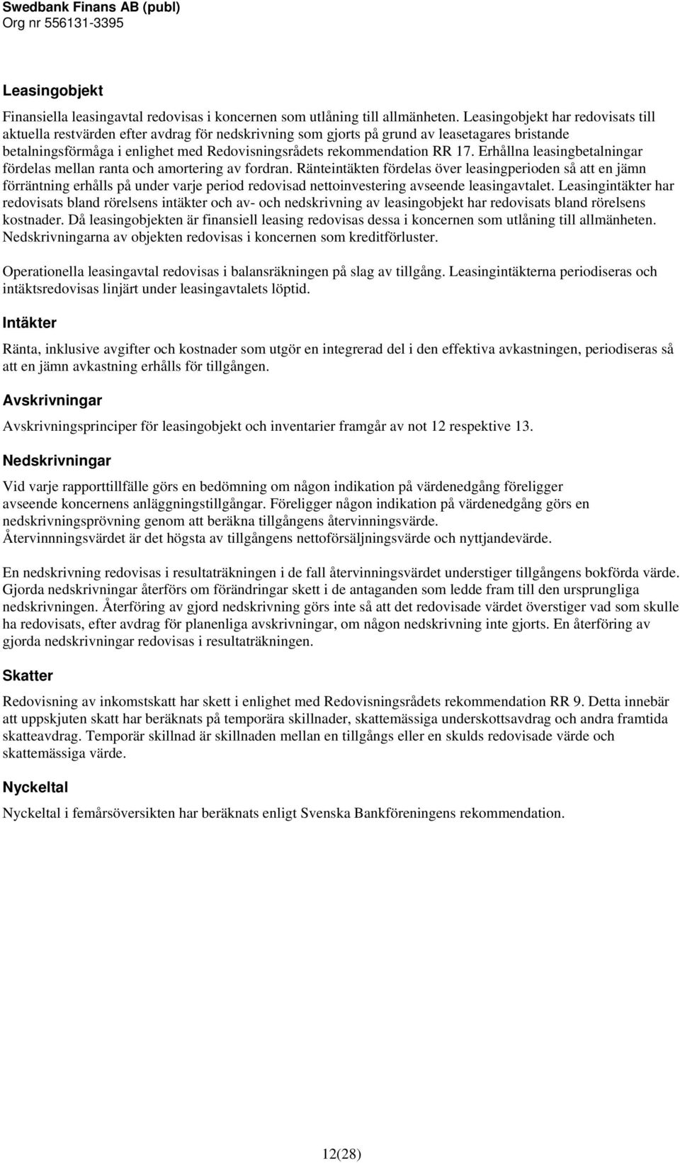 17. Erhållna leasingbetalningar fördelas mellan ranta och amortering av fordran.