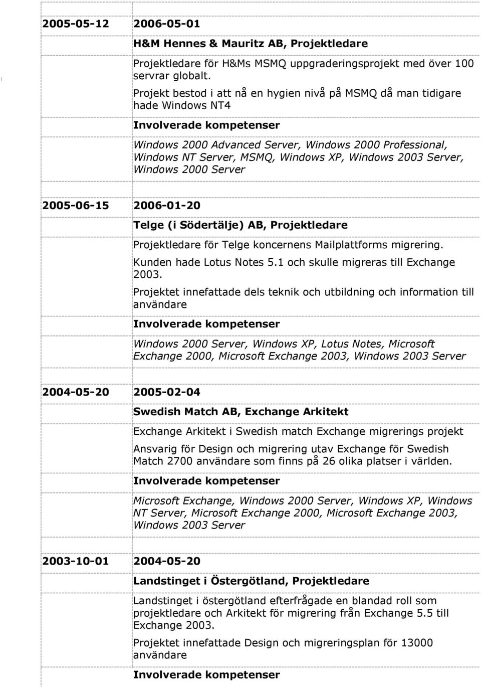 Windows 2000 Server 2005-06-15 2006-01-20 Telge (i Södertälje) AB, Projektledare Projektledare för Telge koncernens Mailplattforms migrering. Kunden hade Lotus Notes 5.