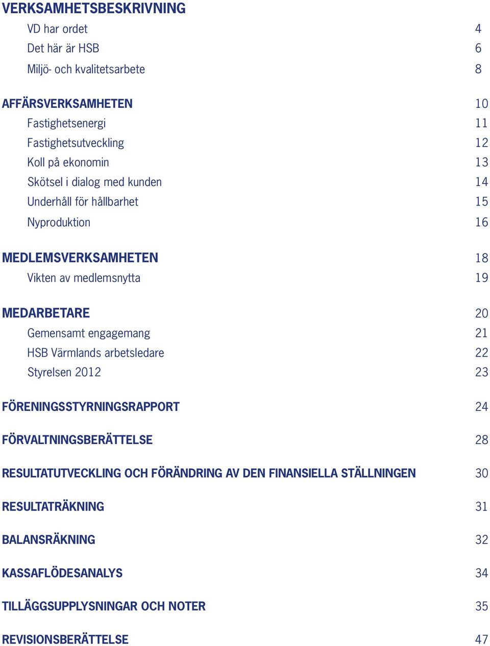 Gemensamt engagemang 21 HSB Värmlands arbetsledare 22 Styrelsen 2012 23 Föreningsstyrningsrapport 24 Förvaltningsberättelse 28 Resultatutveckling och