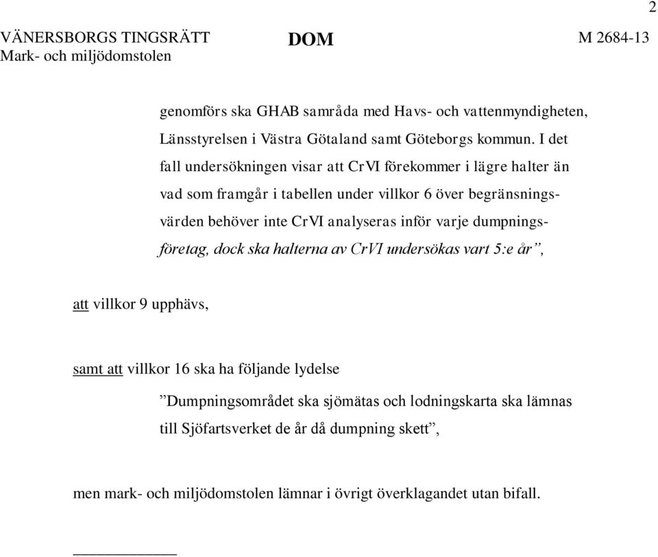 CrVI analyseras inför varje dumpningsföretag, dock ska halterna av CrVI undersökas vart 5:e år, att villkor 9 upphävs, samt att villkor 16 ska ha