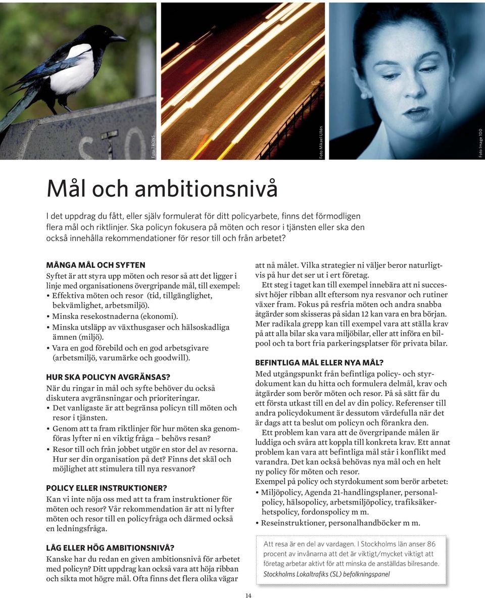 MÅNGA MÅL OCH SYFTEN Syftet är att styra upp möten och resor så att det ligger i linje med organisationens övergripande mål, till exempel: bekvämlighet, arbetsmiljö). ämnen (miljö).