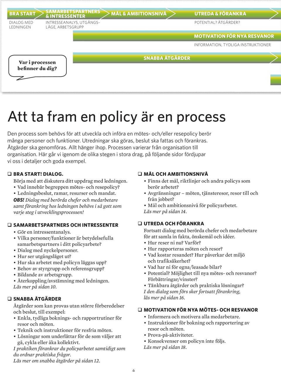 SNABBA ÅTGÄRDER Att ta fram en policy är en process Den process som behövs för att utveckla och införa en mötes- och/eller resepolicy berör många personer och funktioner.