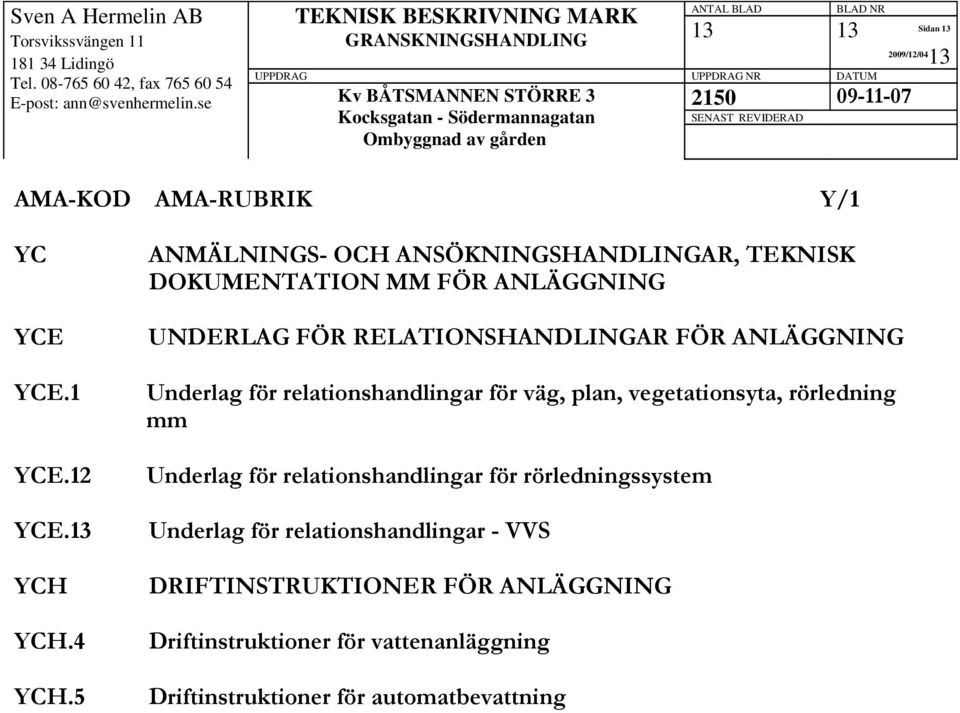 ANLÄGGNING Underlag för relationshandlingar för väg, plan, vegetationsyta, rörledning mm Underlag för relationshandlingar