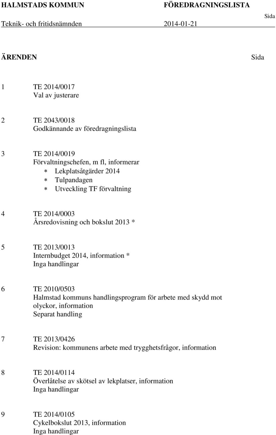 Internbudget 2014, information * Inga handlingar 6 TE 2010/0503 Halmstad kommuns handlingsprogram för arbete med skydd mot olyckor, information Separat handling 7 TE 2013/0426