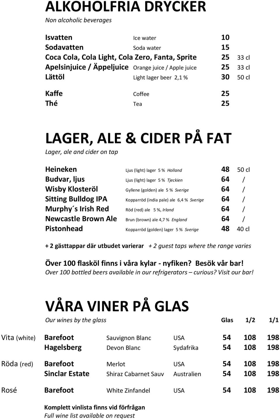 Ljus (light) lager 5 % Tjeckien 64 / Wisby Klosteröl Gyllene (golden) ale 5 % Sverige 64 / Sitting Bulldog IPA Kopparröd (india pale) ale 6,4 % Sverige 64 / Murphy s Irish Red Röd (red) ale 5 %,