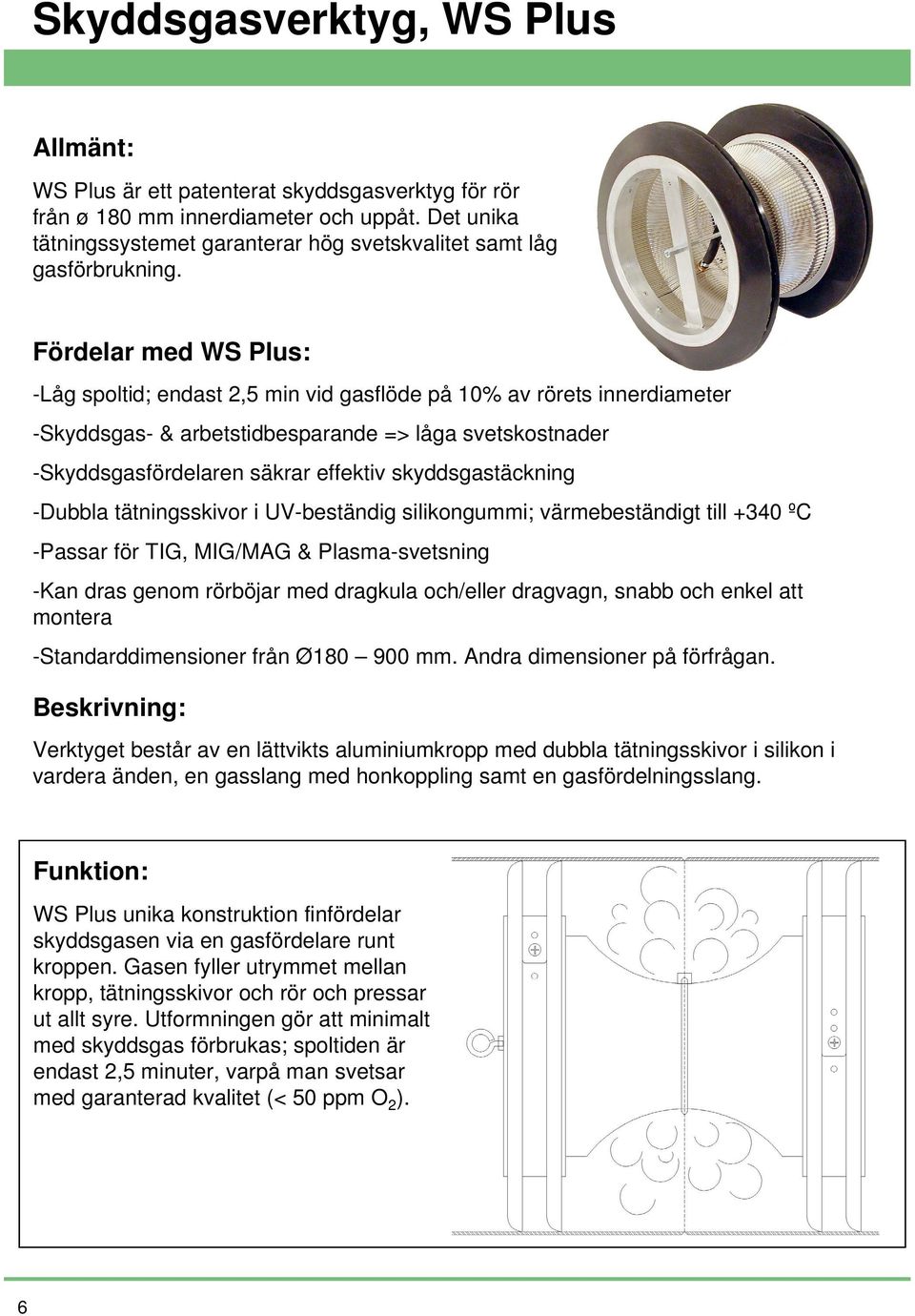 Fördelar med WS Plus: -Låg spoltid; endast 2,5 min vid gasflöde på 10% av rörets innerdiameter -Skyddsgas- & arbetstidbesparande => låga svetskostnader -Skyddsgasfördelaren säkrar effektiv