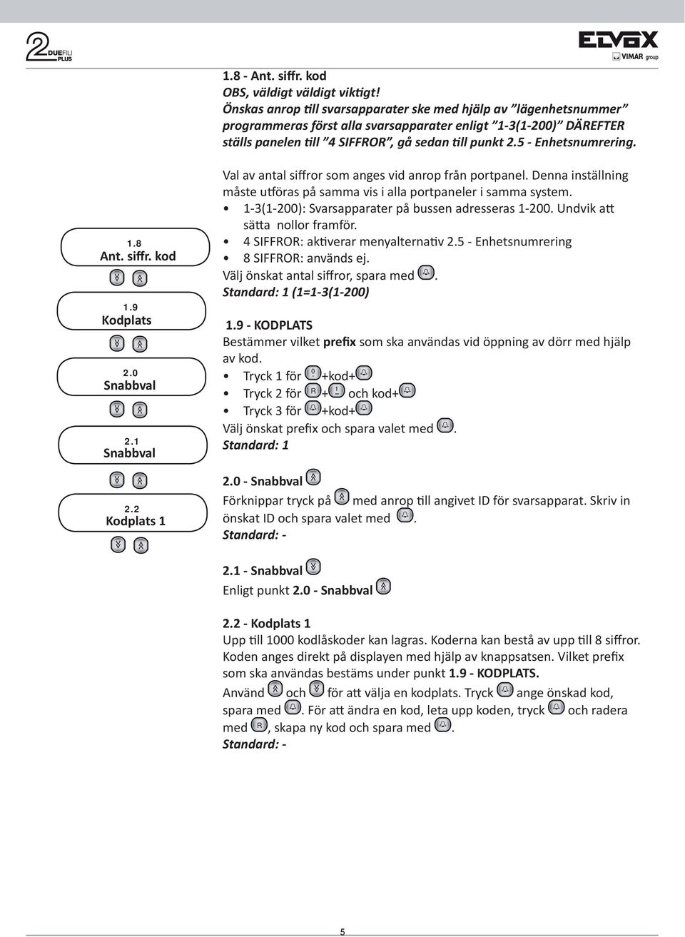 1.8 Ant. siffr. kod 1.9 Kodplats 2.0 Snabbval 2.1 Snabbval 2.2 Kodplats 1 Val av antal siffror som anges vid anrop från portpanel.