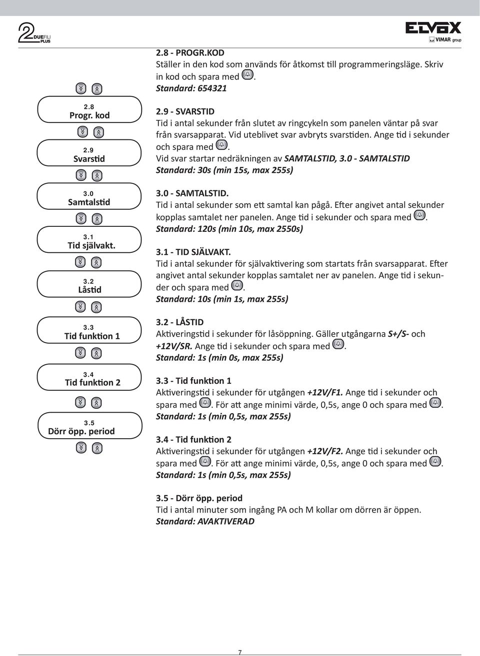 Ange d i sekunder och spara med. Vid svar startar nedräkningen av SATALSTID, 3.0 - SATALSTID Standard: 30s (min 15s, max 255s) 3.0 - SATALSTID. Tid i antal sekunder som e samtal kan pågå.