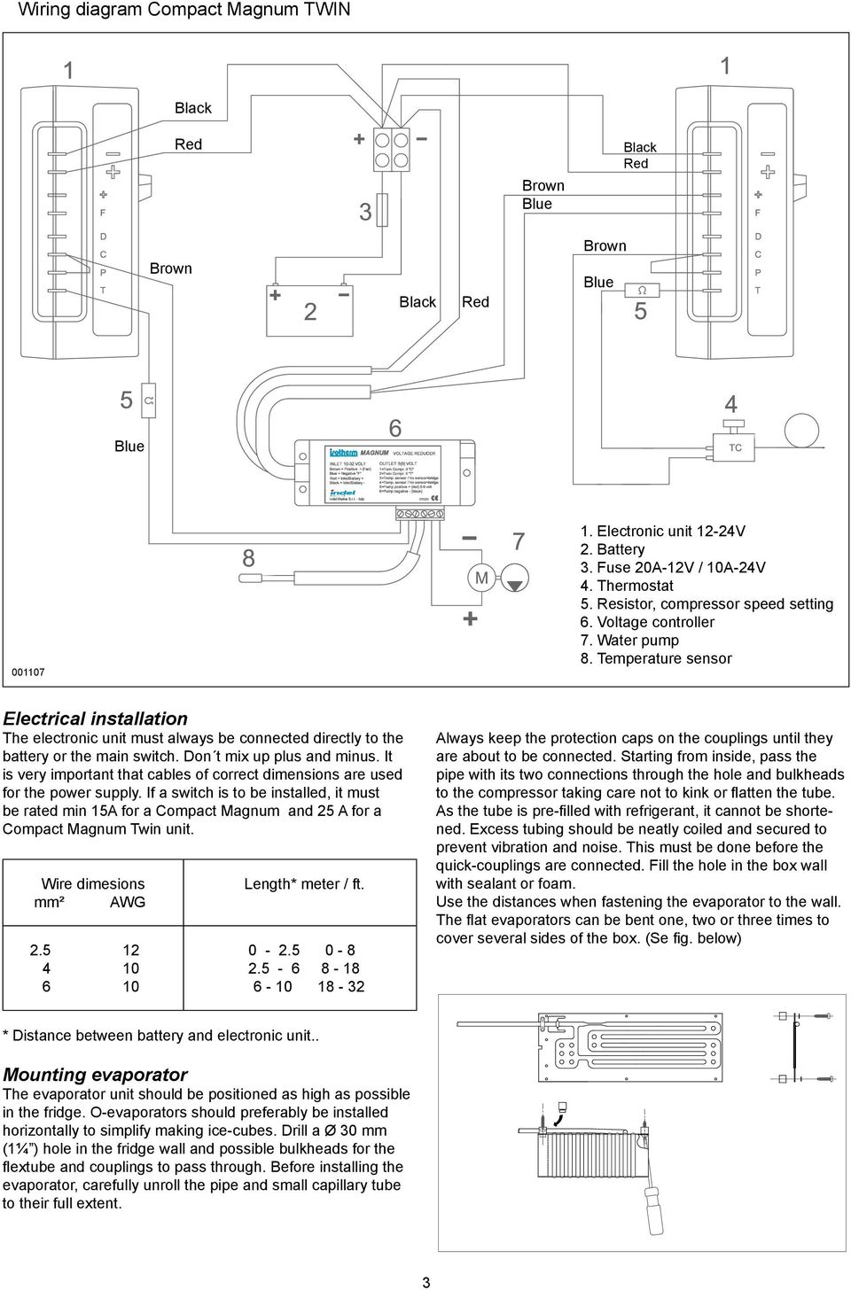 Temperature sensor Electrical installation The electronic unit must always be connected directly to the battery or the main switch. Don t mix up plus and minus.