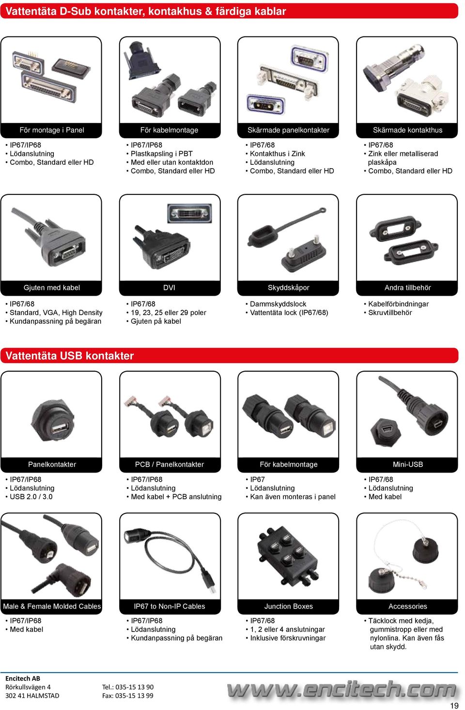 Gjuten med kabel DVI Skyddskåpor Andra tillbehör IP67/68 IP67/68 Dammskyddslock Kabelförbindningar Standard, VGA, High Density 19, 23, 25 eller 29 poler Vattentäta lock (IP67/68) Skruvtillbehör