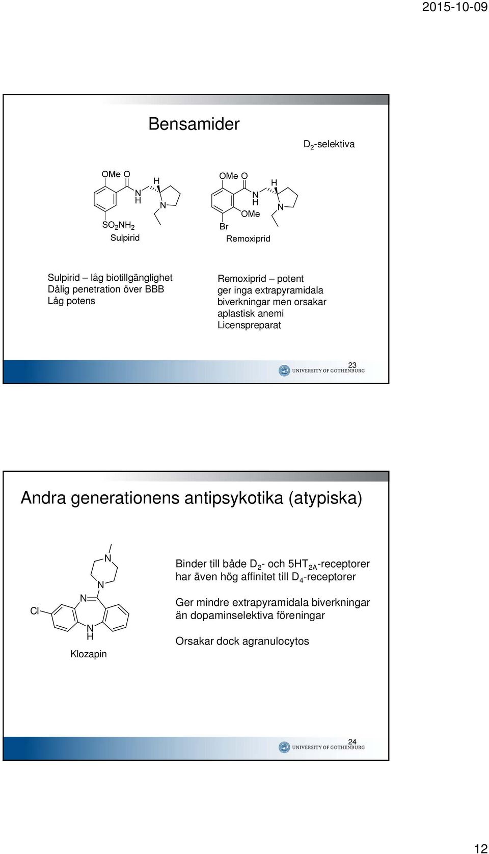 antipsykotika (atypiska) Cl H Klozapin Binder till både D 2 -och 5HT 2A -receptorer har även hög affinitet till