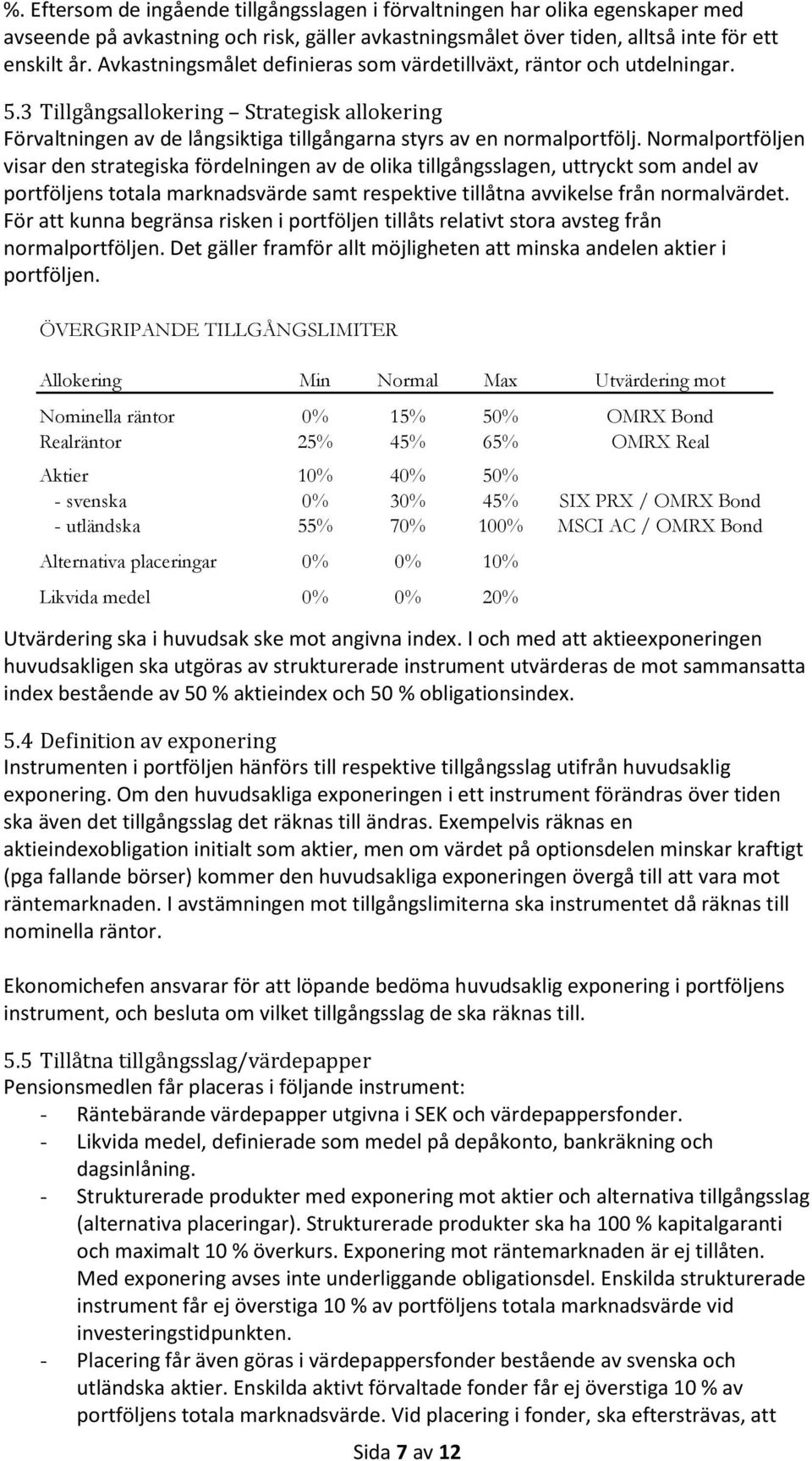 Normalportföljen visar den strategiska fördelningen av de olika tillgångsslagen, uttryckt som andel av portföljens totala marknadsvärde samt respektive tillåtna avvikelse från normalvärdet.